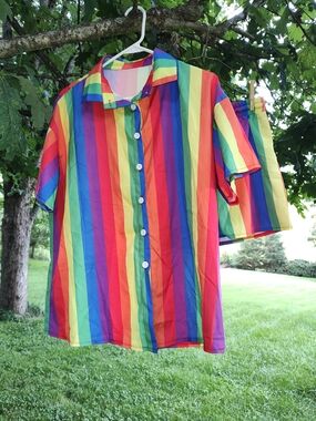 Rainbow Stripe Short-Sleeve Button-Up Shirt With Matching Short Set- Multicolor